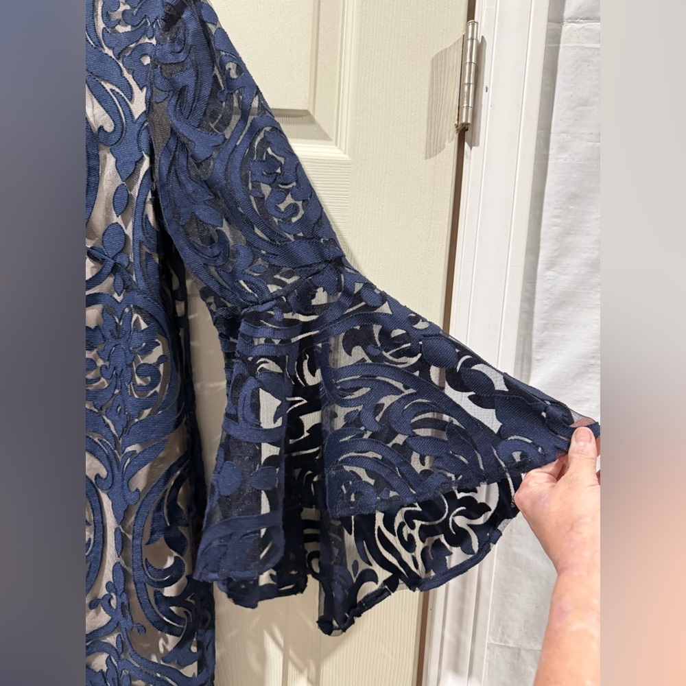 MSK Navy Blue Patterned bell Sleeve Dress with nude lining - Picture 4 of 9